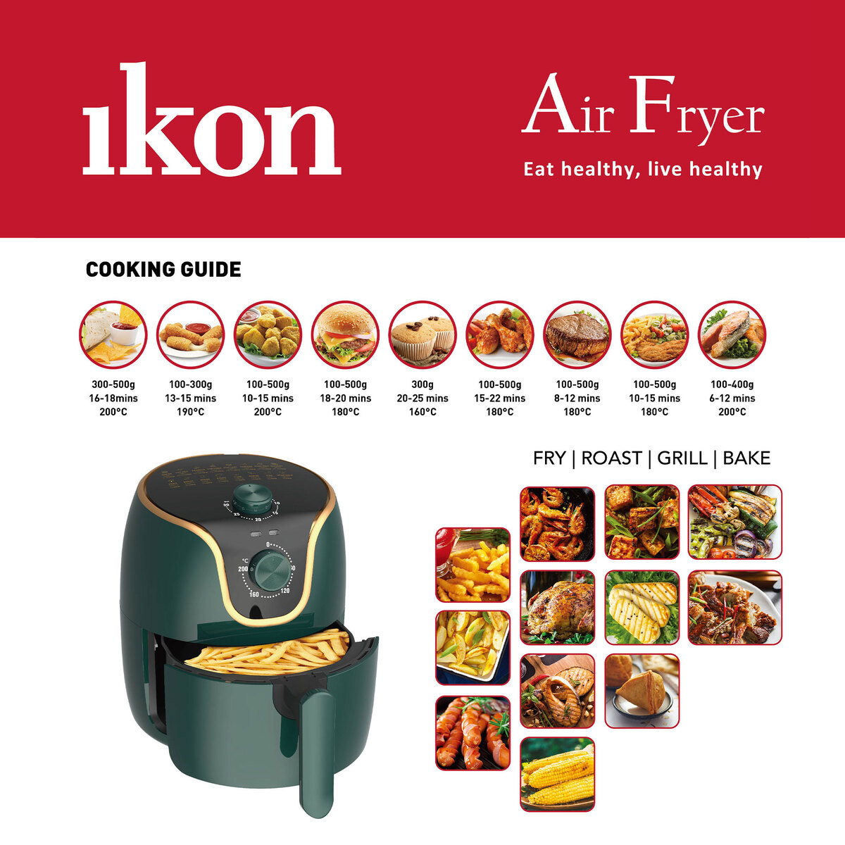 Ikon Air Fryer, 3.5 L, Green, IK-AF303T