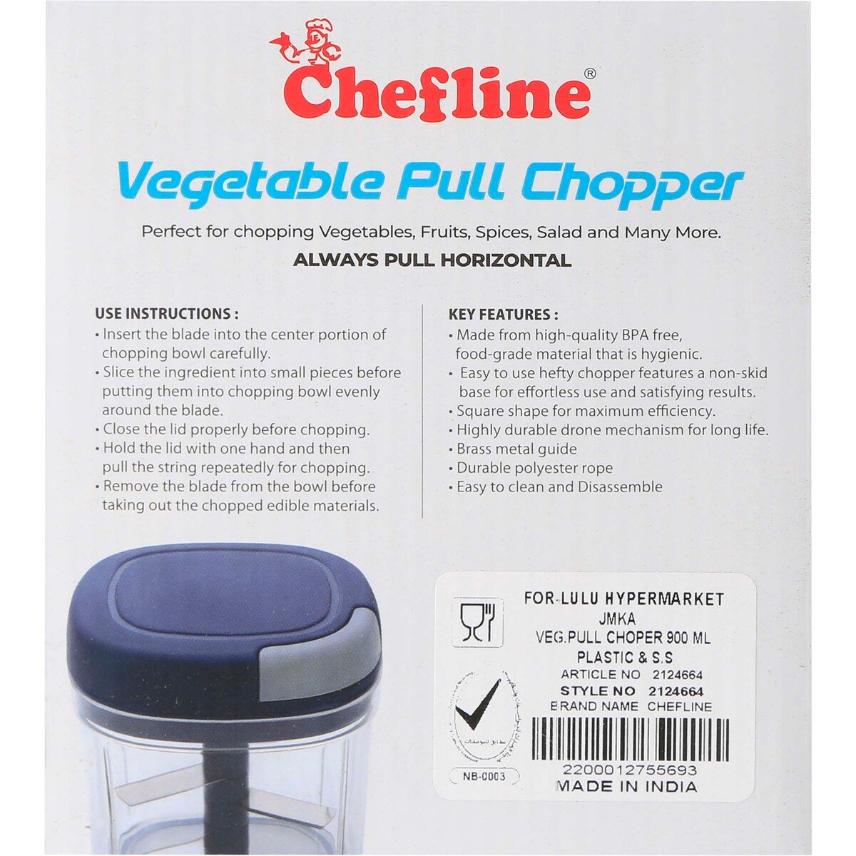 Buy Chefline Hand Push Chopper 900ml Online - Lulu Hypermarket India