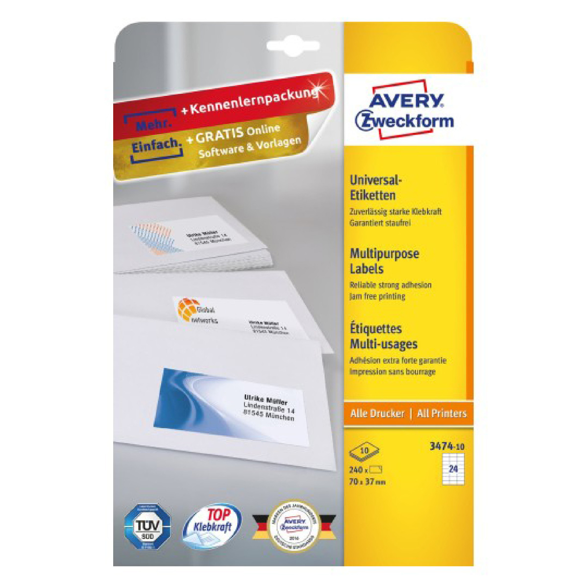 Avery 70 x 37 mm Multipurpose General-Use Labels With Ultragrip, 240 Labels/10 Page, White, 3474-10