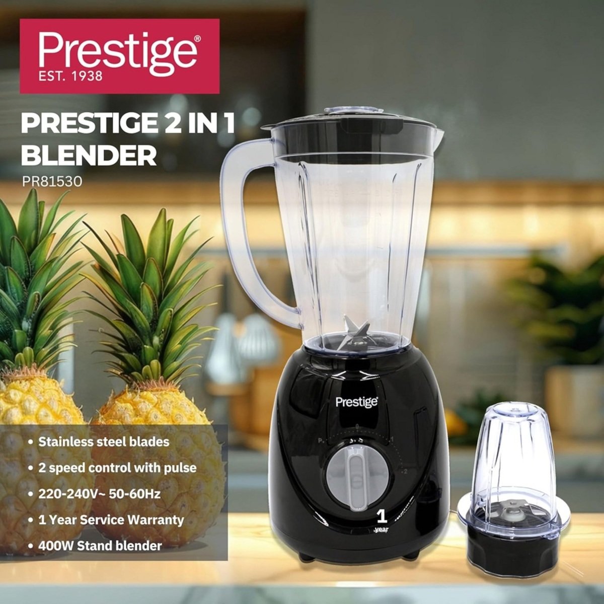 Prestige 2 in 1 Stand Blender PR81529 1.5Ltr, 400W Black