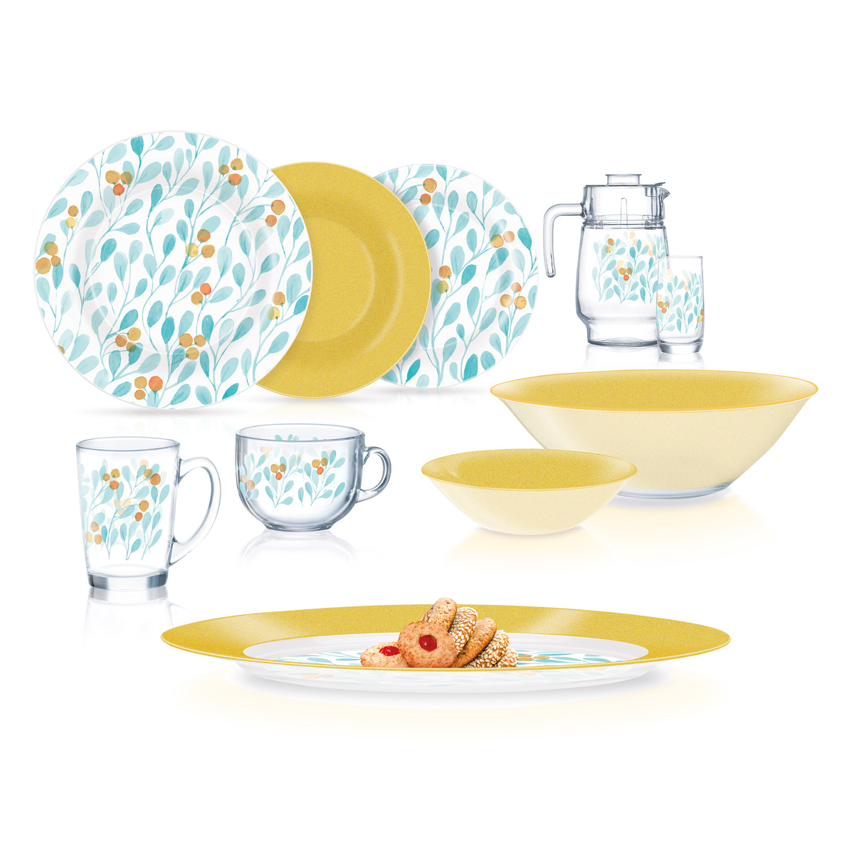 Luminarc Sodo Glass Temp Ambi Fujoyna 46 pc Dinner Set, White & Turquoise, 4738