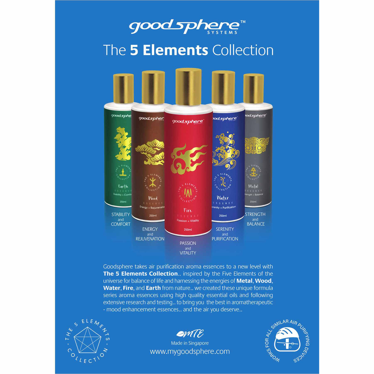 Goodsphere Aroma Essence The 5 Elements Collection Wood, Fire, Water, Metal & Earth, 30 ml x 5 Bottles, GS-5X30ML-FE