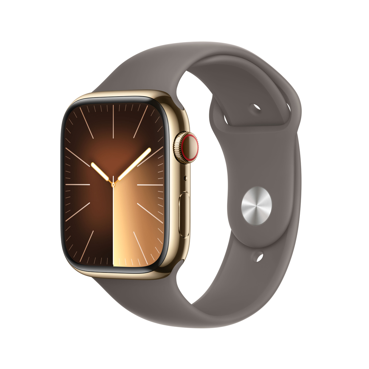 Apple Watch Series 9 GPS + Cellular, Gold Stainless Steel Case with Clay Sport Band, 45 mm, M/L, MRMT3