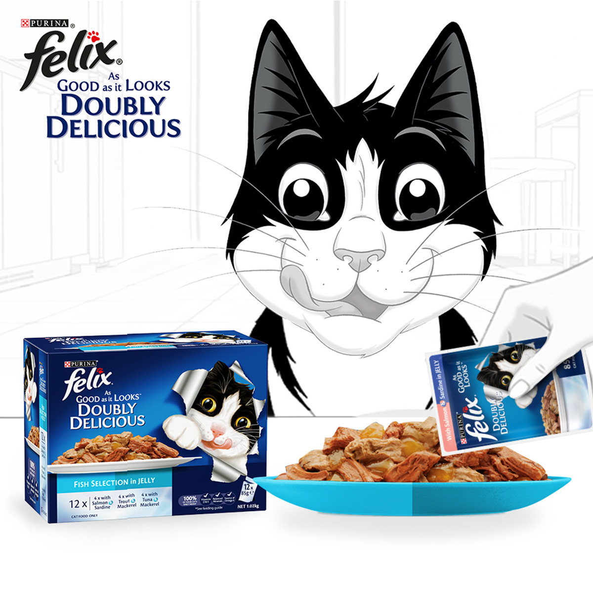 Purina Felix Doubly Delicious Fish Selection In Jelly ( Salmon & Sardine Trout & Mackerel Tuna & Mackerel ) 12 x 85 g