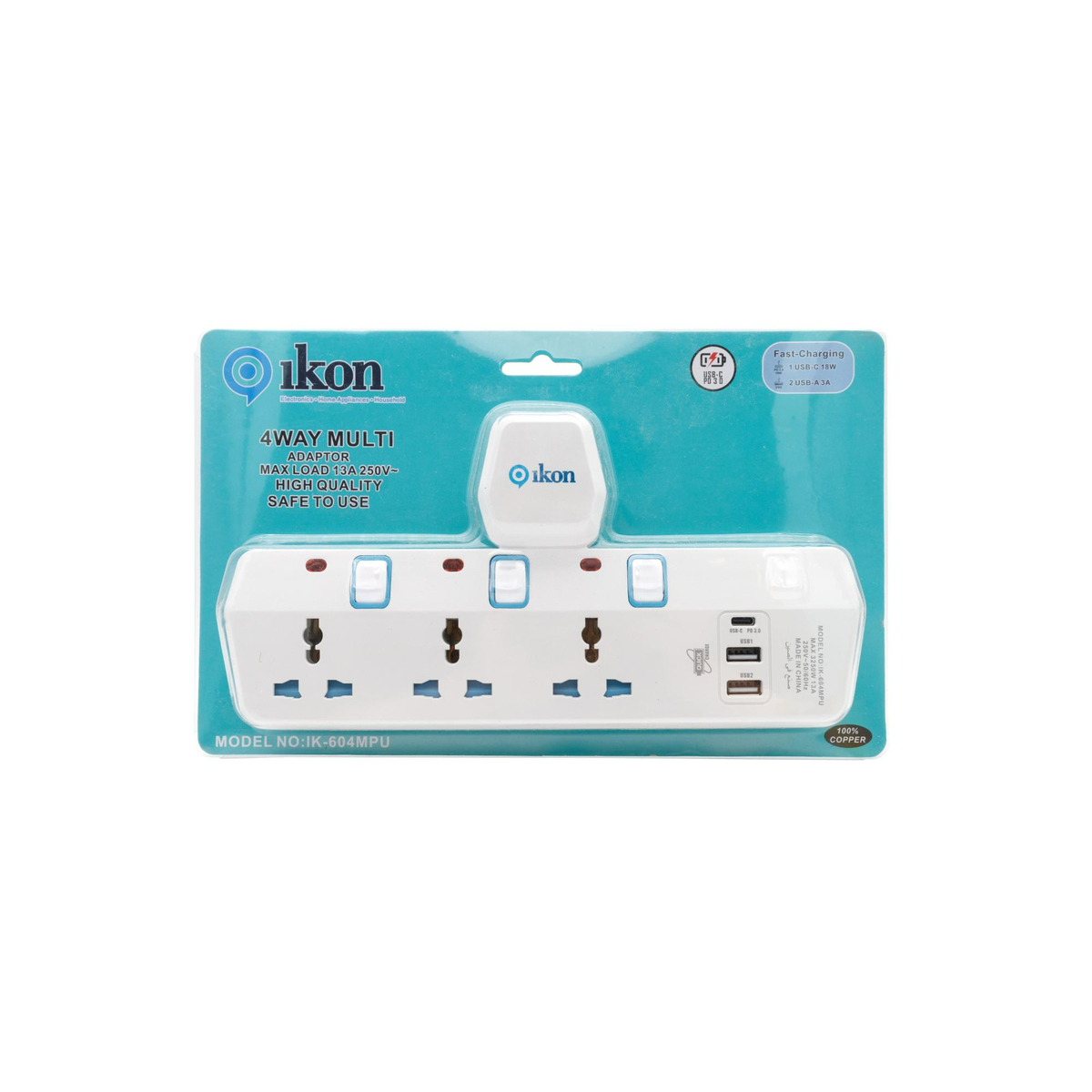 Ikon 4 Way T-Socket Multi Adapter with 2 USB-A and 1USB-C Ports, IK-303MPU