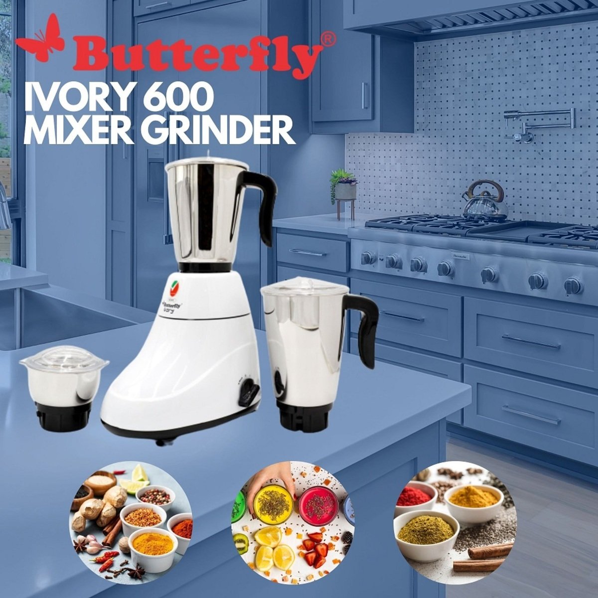 Butterfly Ivory 600W Mixer Grinder with 3 Jars, BI17611, White