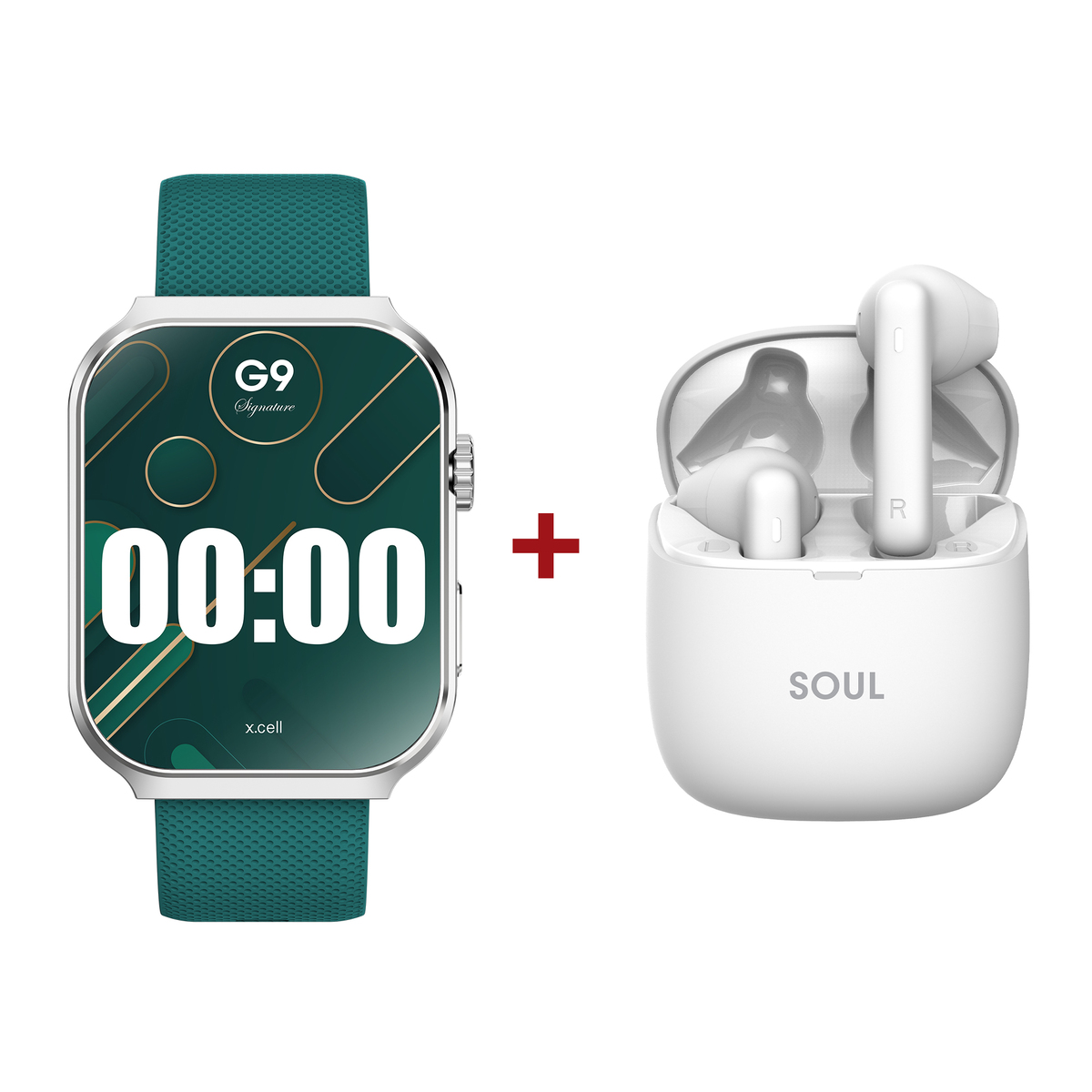 X.Cell G9 Signature 2.01" Smart Watch, Green + Soul 14 Wireless Earbuds with Mic, White