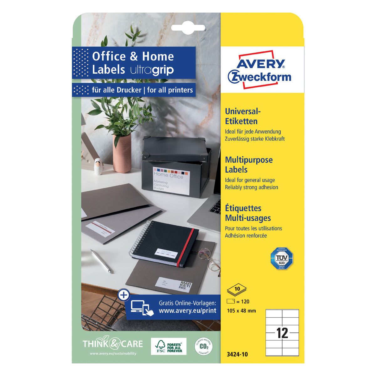 Avery 105 x 48 mm Multipurpose General-Use Labels With Ultragrip, 120 Labels/10 Page, White, 3424-10