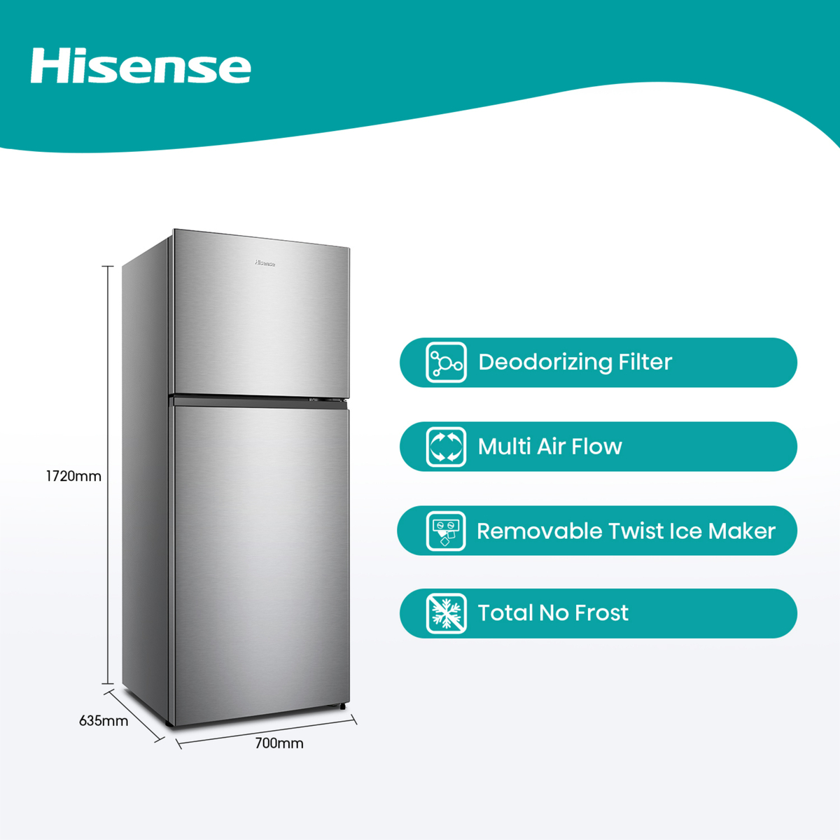 Hisense Double Door Refrigerator, 375L, Stainless Steel Finish, RT488N4ASU1