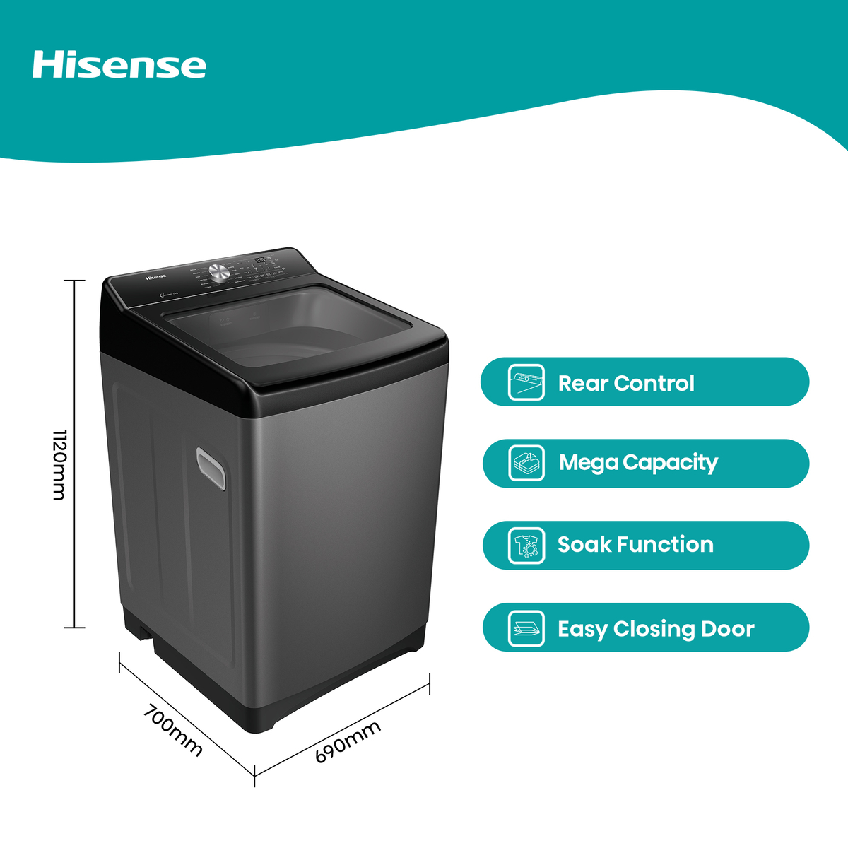 Hisense Top Load Fully Automaic Washing Machine, 17 kg, 700 RPM, Titanium Grey, WT3T1723UT