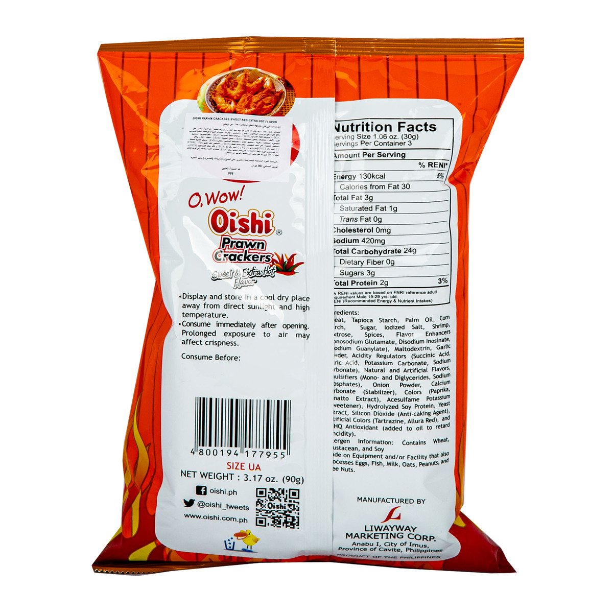 Oishi Prawn Crackers Sweet & Extra Hot Flavor 90 g