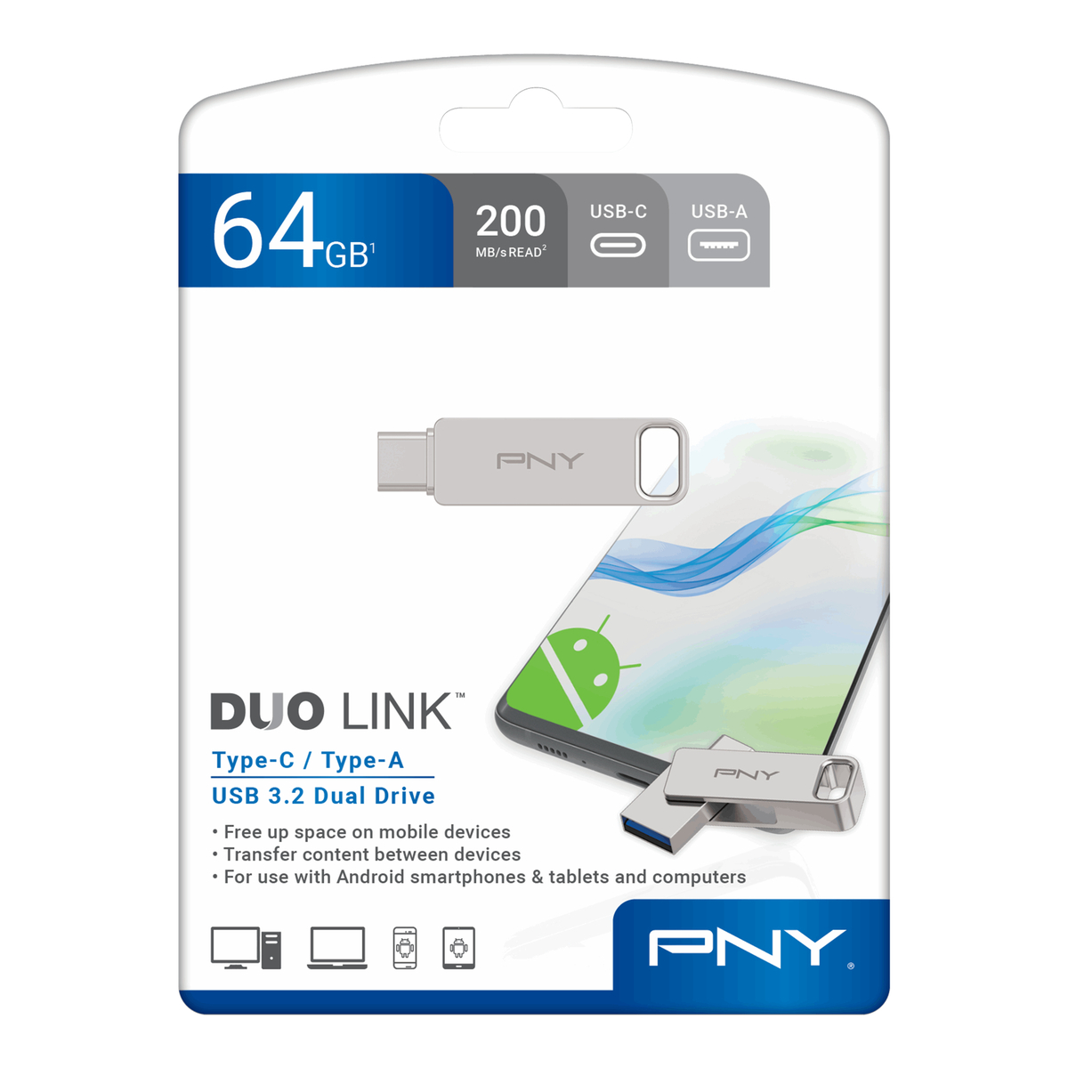 PNY Duo Link USB 3.2 Type-C Dual Flash Drive, 64GB