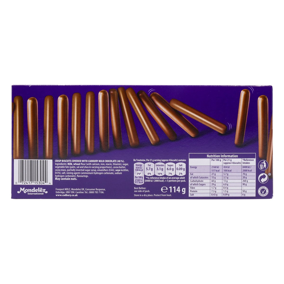 Cadbury Diary Milk Fingers Milk Chocolate Biscuits 114 g