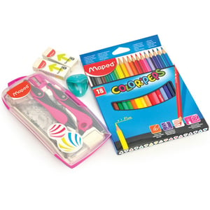 Maped Math Set + Color Pencil 18 Pieces + Eraser 2 Pieces + Sharpener 1 Piece
