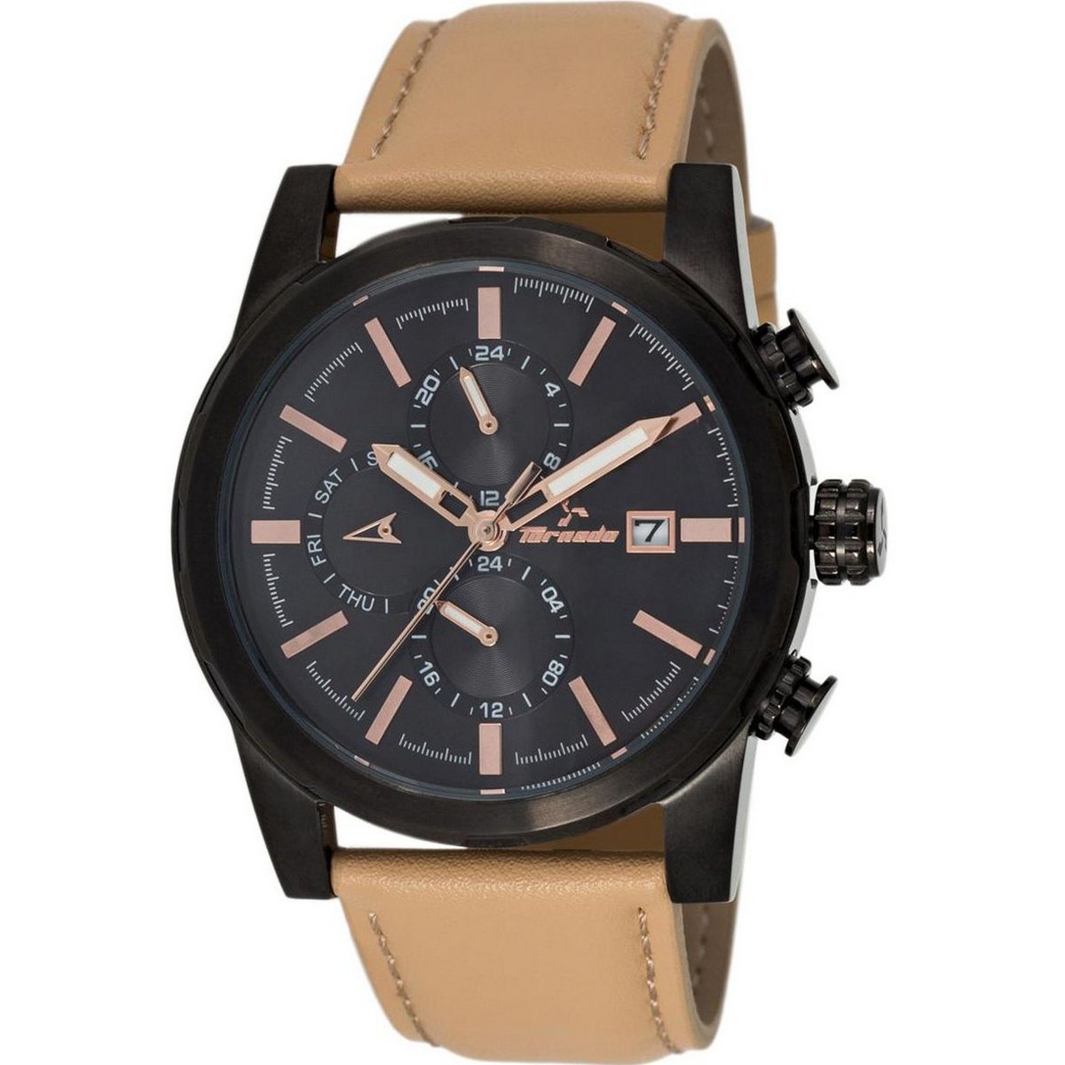 Tornado Men's Multi-Function Black Dial Leather Band Watch- T5193-BLCB