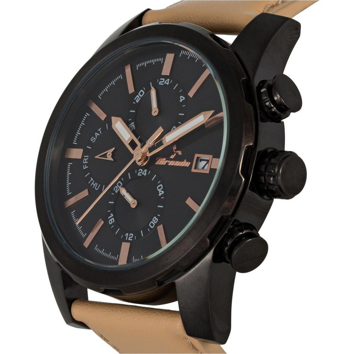 Tornado Men's Multi-Function Black Dial Leather Band Watch- T5193-BLCB