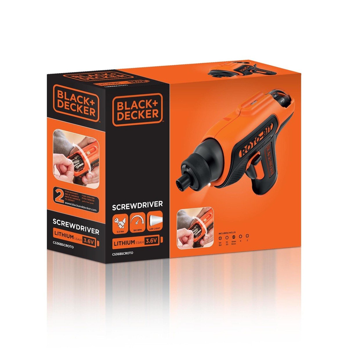 Black+Decker Cordless Screwdriver 3.6V Li-Ion Rotobit + 8pcs Bits with Storage CS36BSCROTO