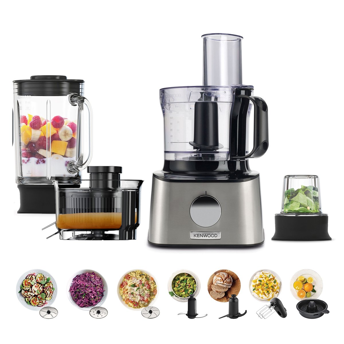 Gewend Diakritisch vacht Kenwood Food Processor 800W Multi-Functional With 3 Stainless Steel Disks,  Glass Blender, Glass Mill, Juicer Extractror, Dual Metal Whisk, Dough  Maker, Citrus Juicer Fdm307Ss Silver Online at Best Price | Food Processors  