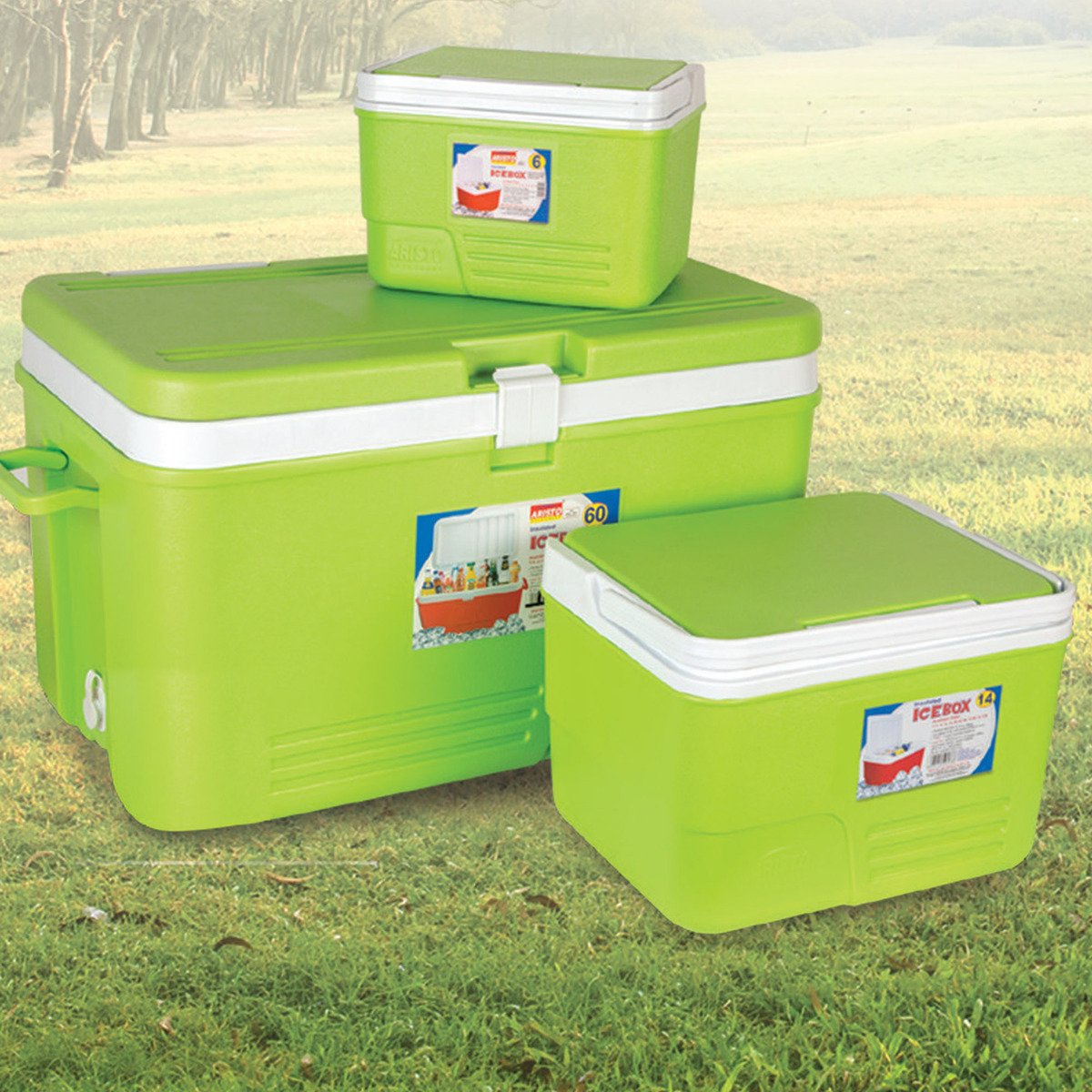 Aristo Cooler Box Set 3pcs 6Ltr + 14Ltr + 60Ltr Assorted Colors