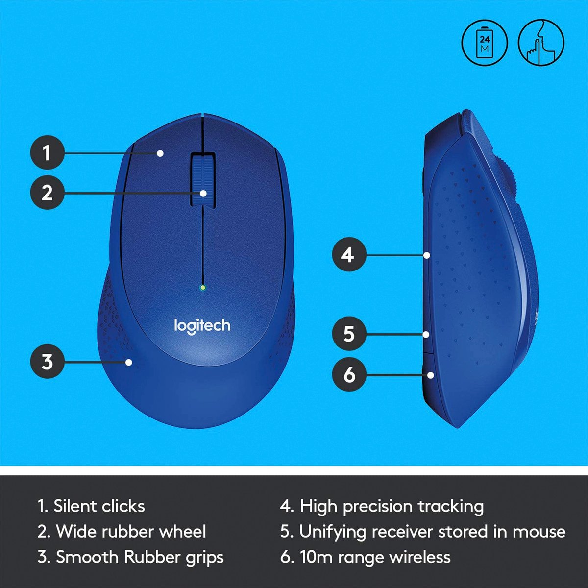 Logitech M330 Silent Plus Wireless Mouse,2.4GHz with USB Nano Receiver,Blue