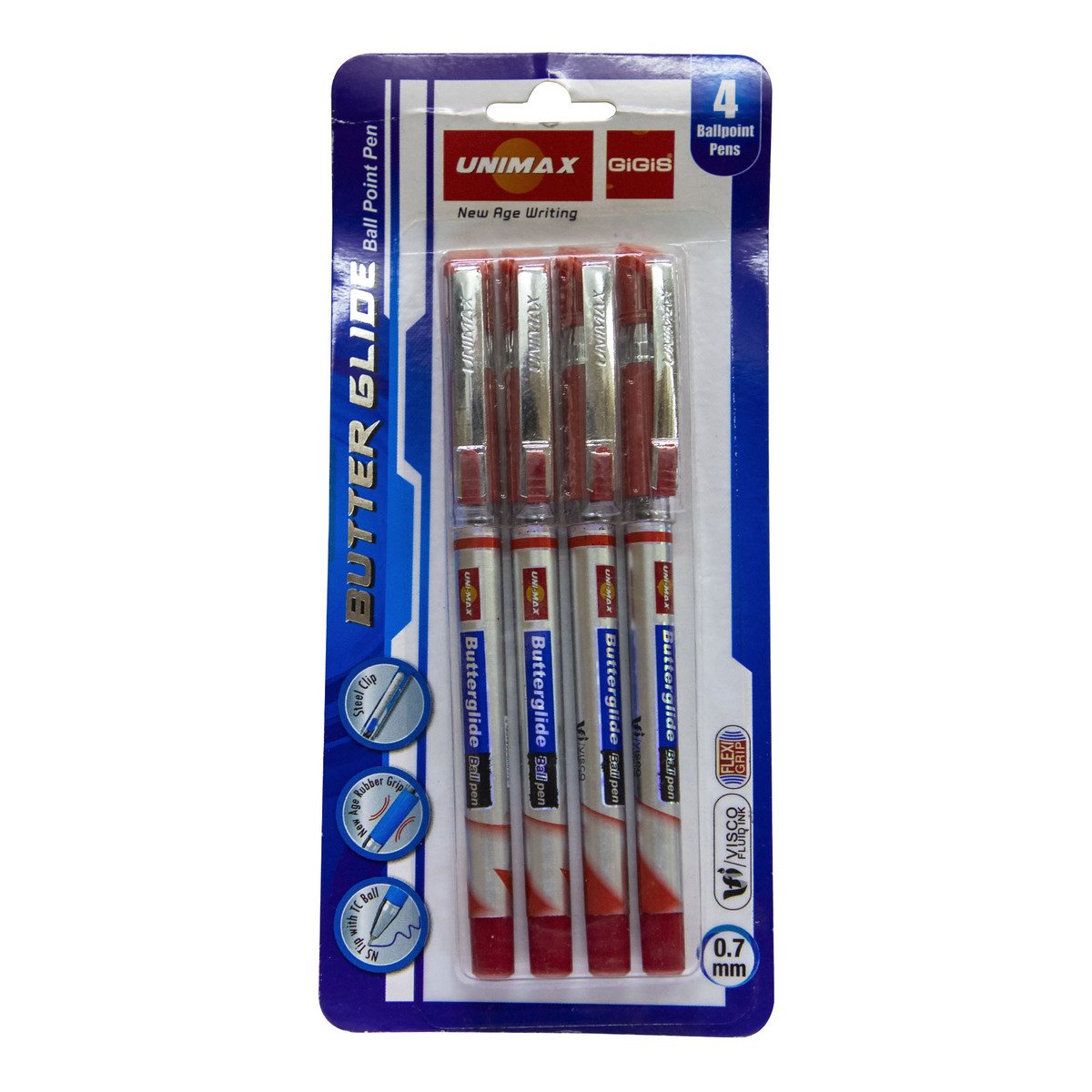 Unimax 0.7mm Ball Point Pen Butter Glide Red 4pcs