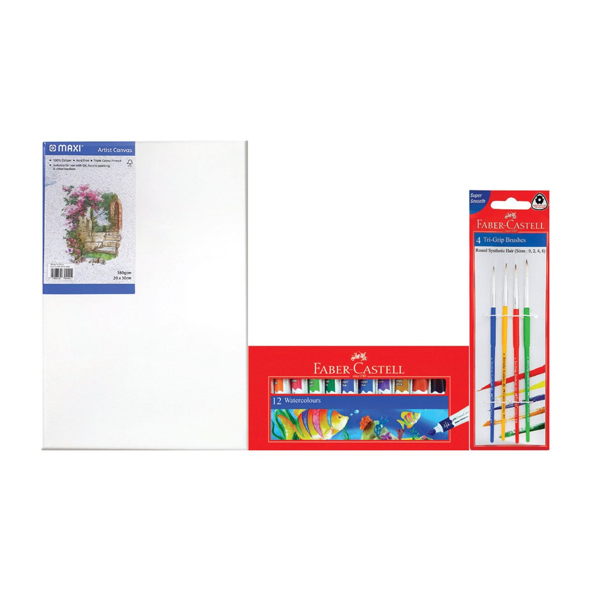 Faber-Castell Brush 4's + Water Color 12's + Maxi Canvas 20x30cm