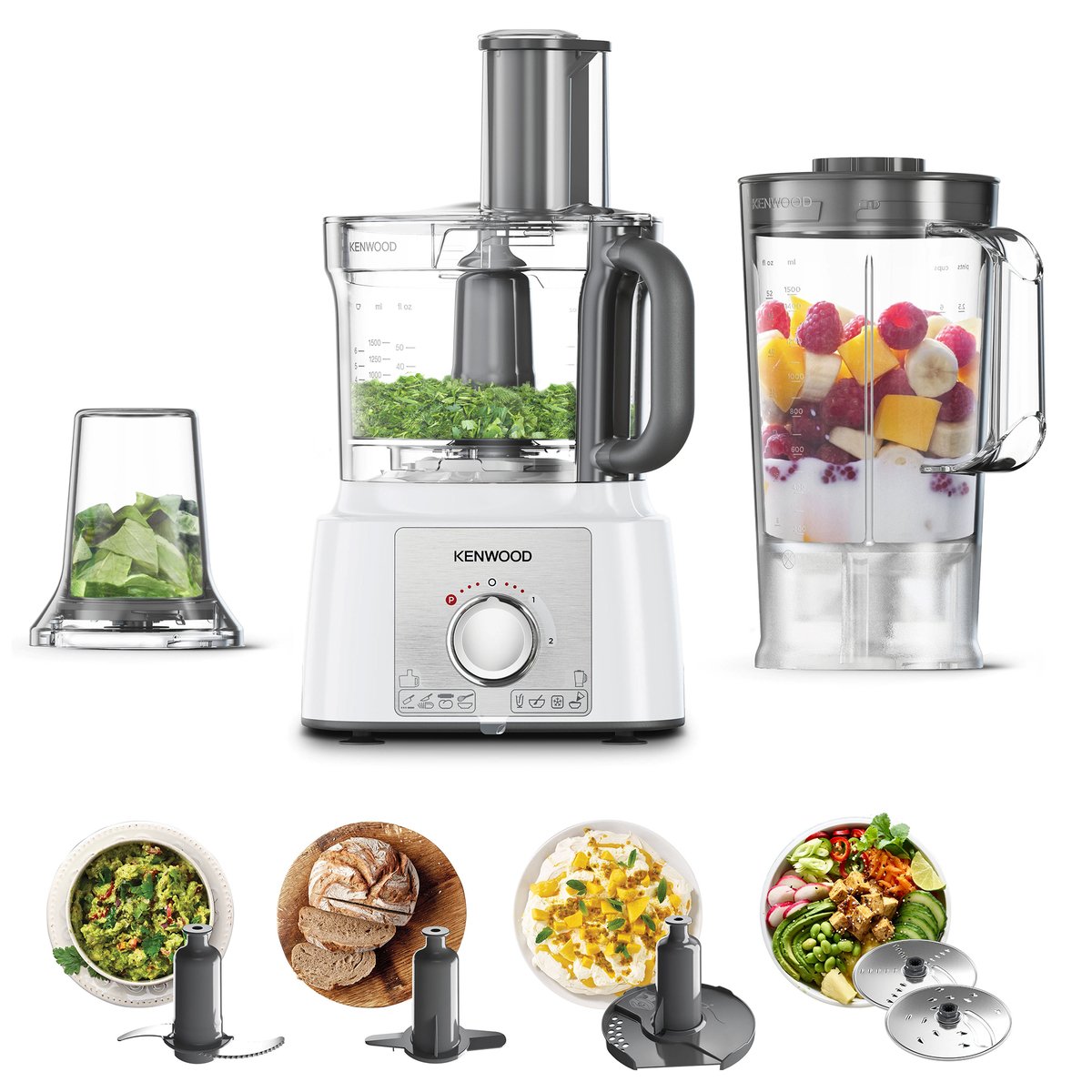 Kenwood Food Processor 1000W Multi-Functional with 2 Stainless Disks, Blender, Grinder Mill, Whisk, Dough Maker FDP65.400WH White at Best Price | Food Processors | Lulu KSA