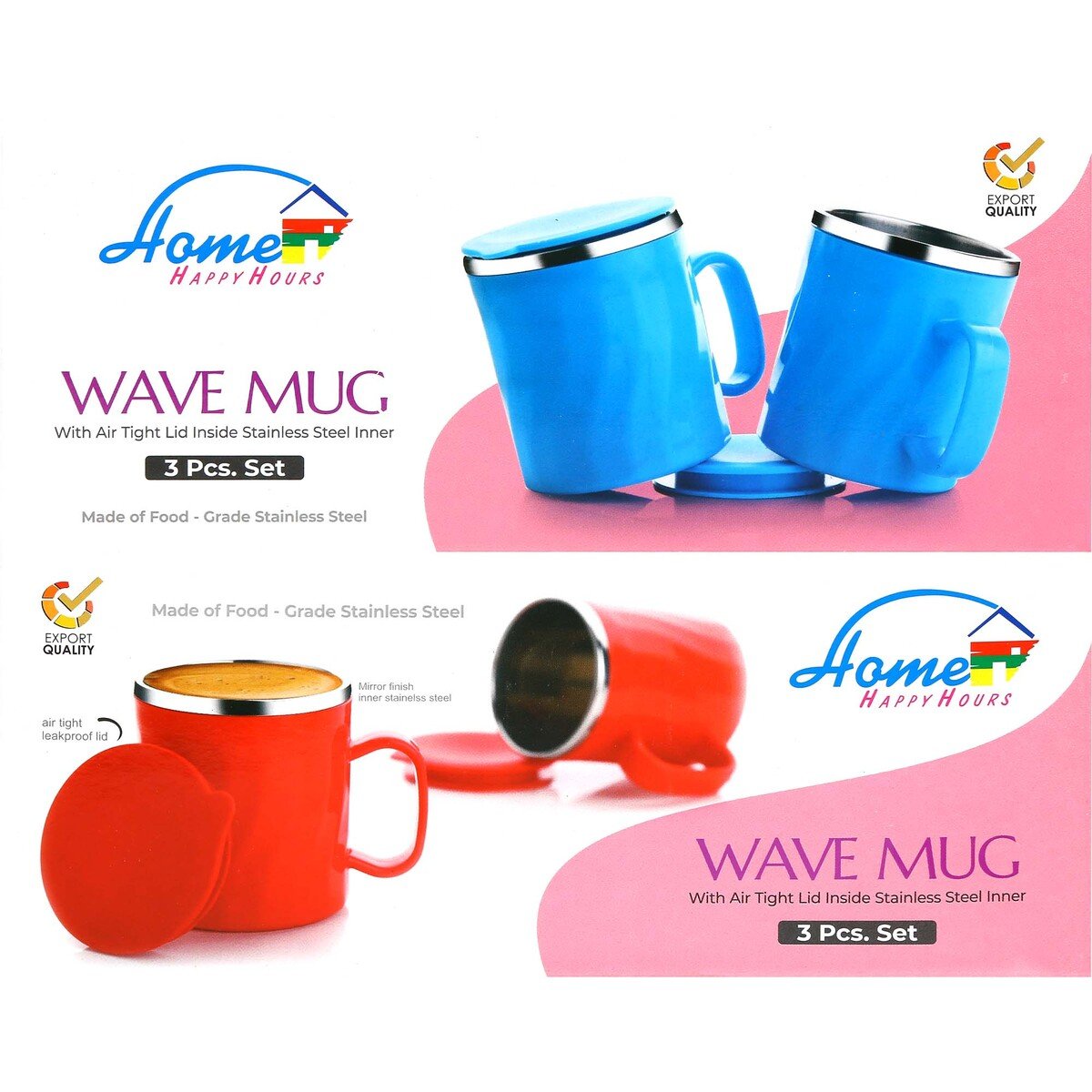 Home Stainless Steel Mug + Lid Wave 3pcs INDJ