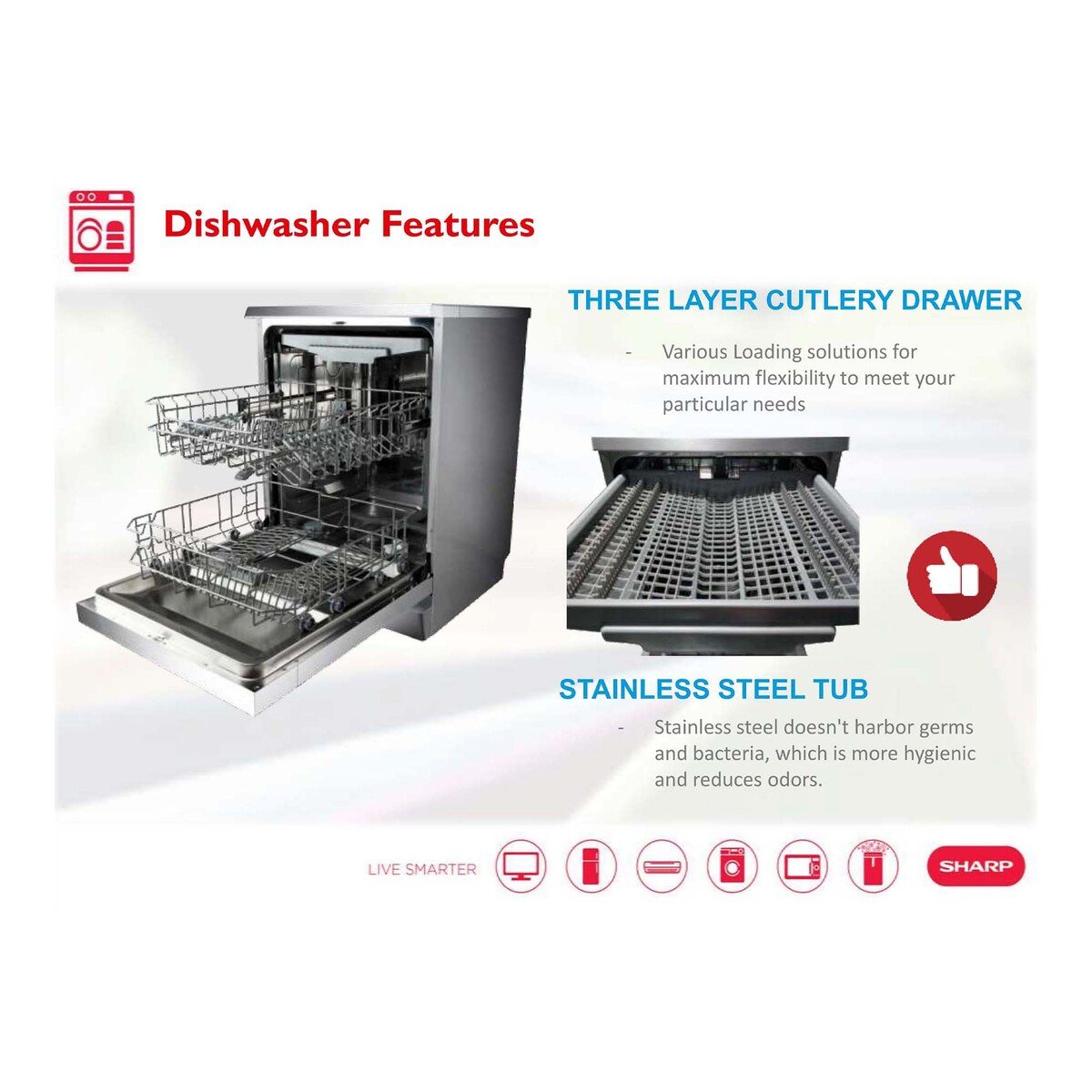 Sharp Free Standing Dishwasher QW-MA814-SS3 14 Place Settings 8 Programs Silver