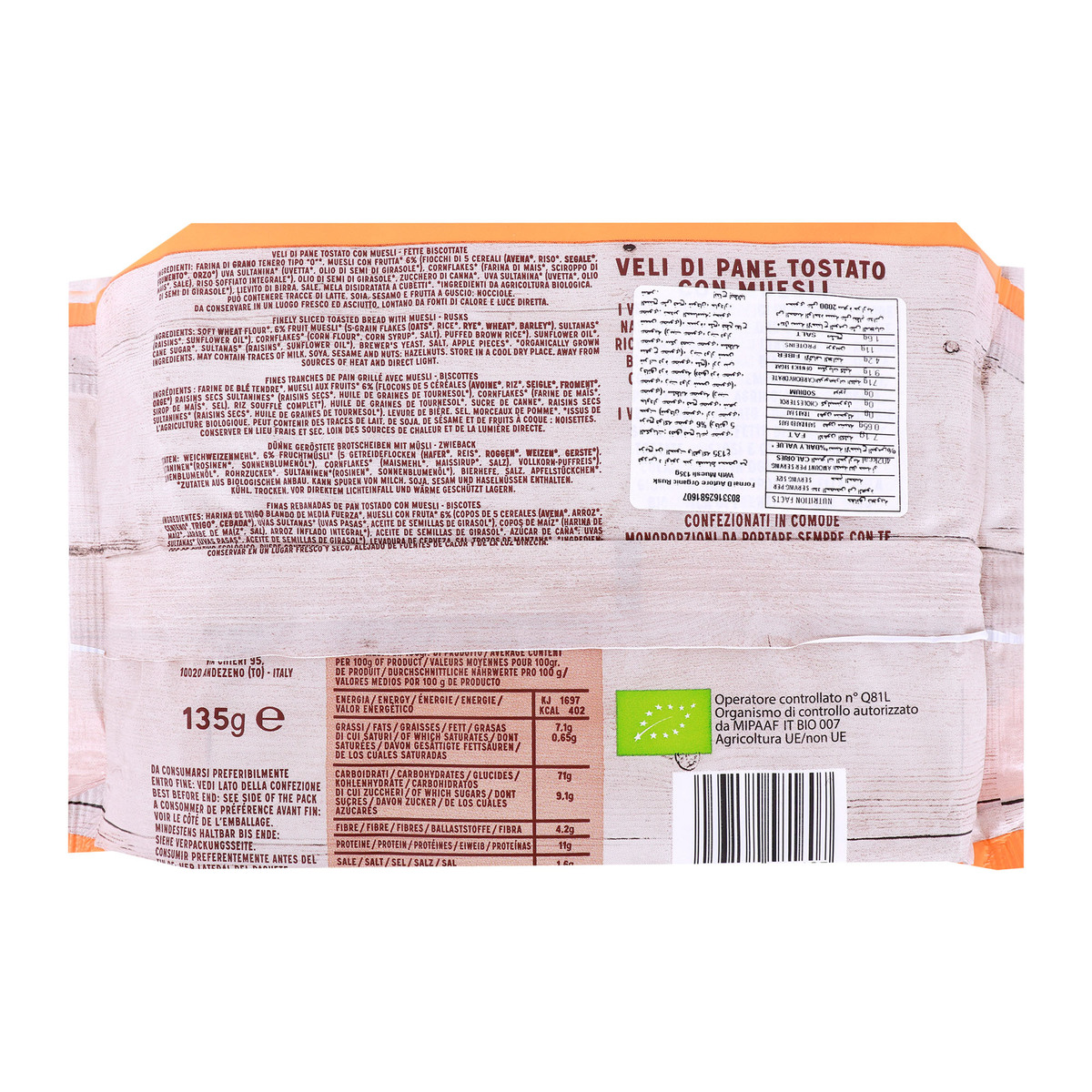 Fornai D Autore Organic Finely Toasted Bread With Muesli 135 g