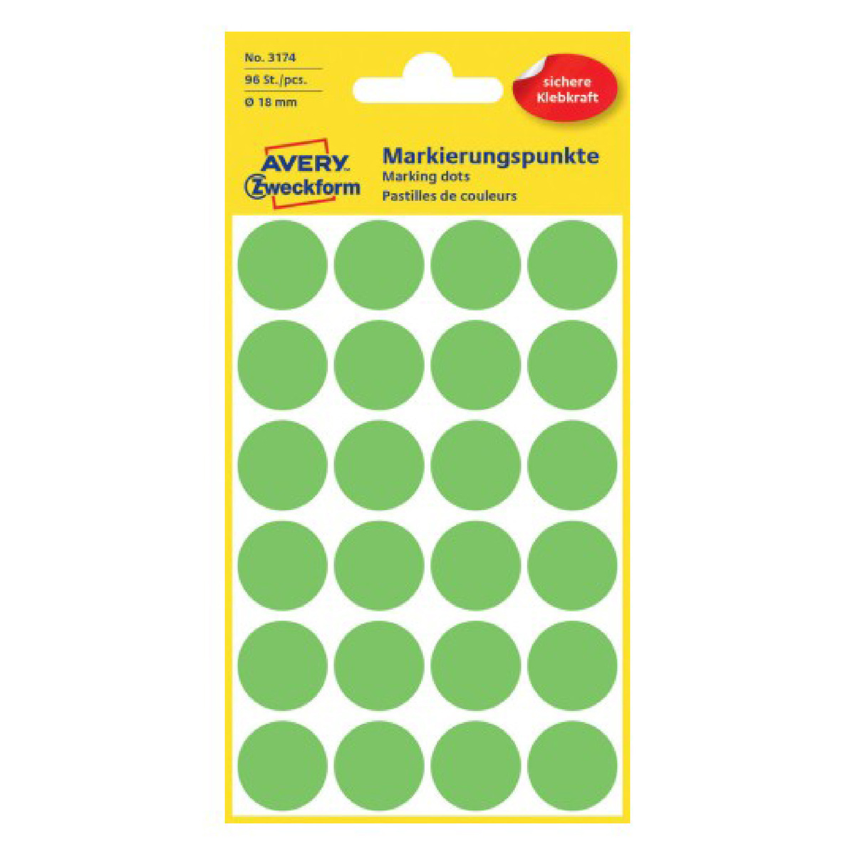 Avery Dot Stickers, 18mm, 96 Pcs, Green, 3174