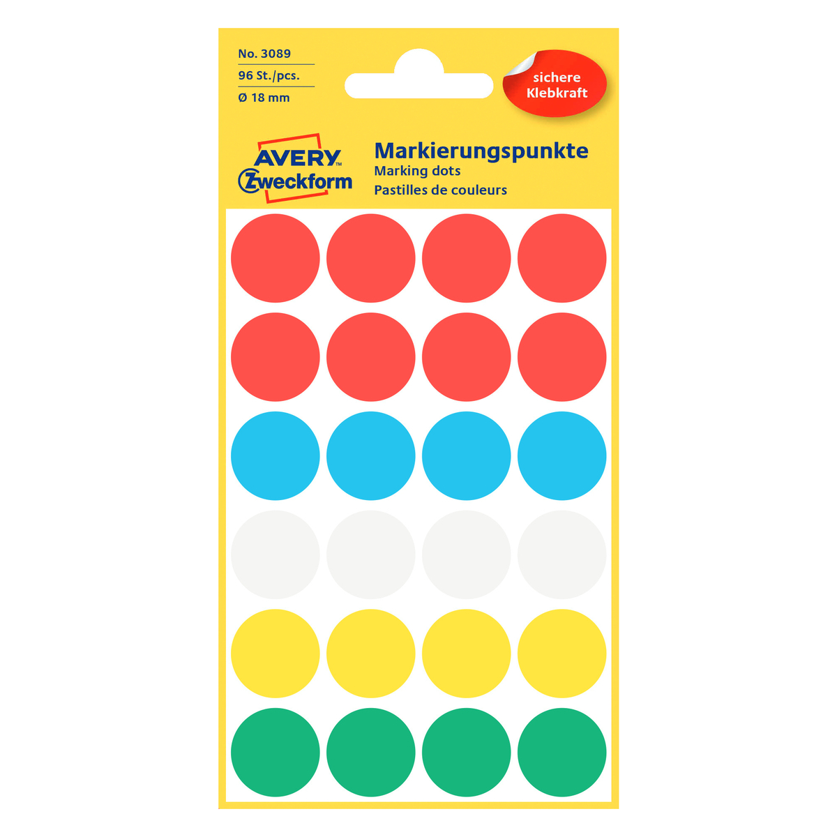 Avery Dot Stickers,18mm, 96 Pcs, Multi Color, 3089