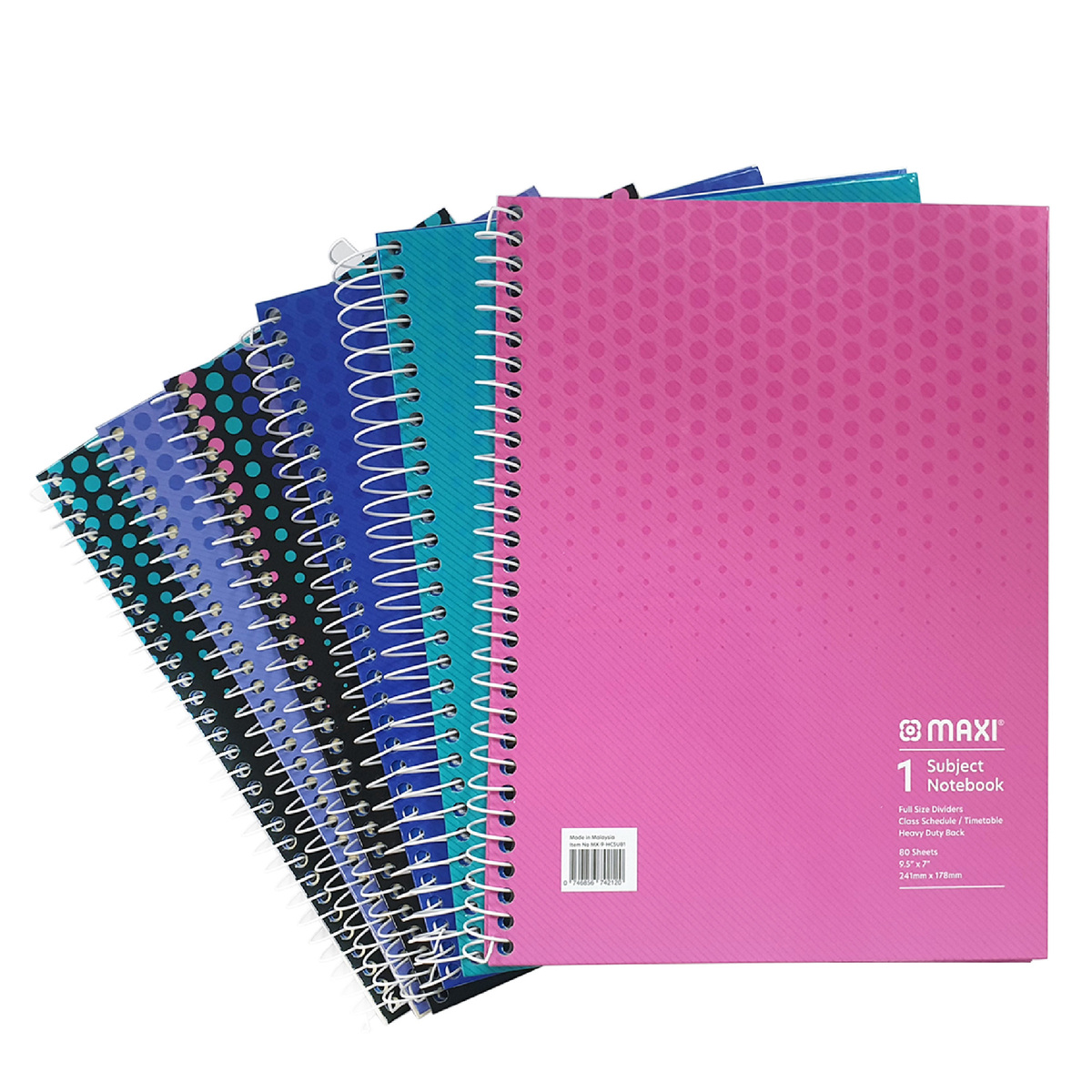 Maxi Spiral Hard Cover 1 Subject Notebook, 9.5 inch X 7  inch,  80 Sheets, Assorted Colours, MX-9-HCSUB1