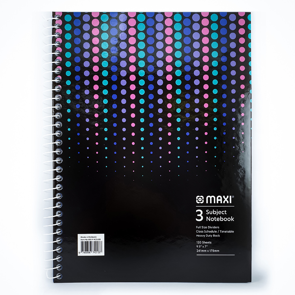 Maxi Spiral Hard Cover 3 Subject Notebook, 9.5 inch X 7  inch, 120 Sheets, Assorted Colours, MX-9-HCSUB3