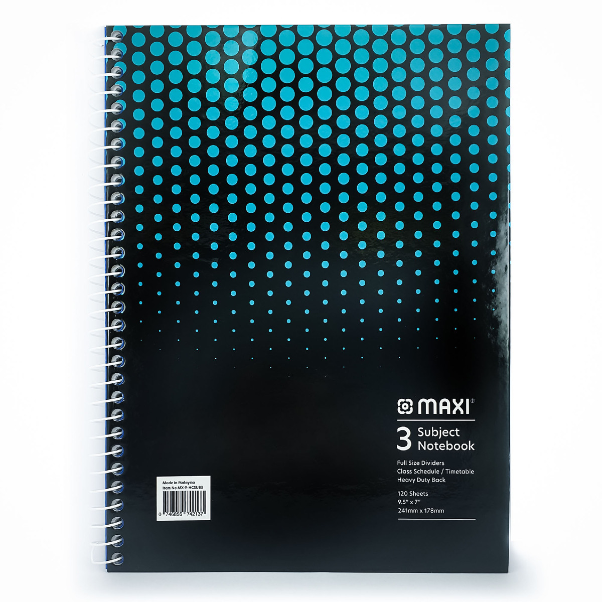 Maxi Spiral Hard Cover 3 Subject Notebook, 9.5 inch X 7  inch, 120 Sheets, Assorted Colours, MX-9-HCSUB3