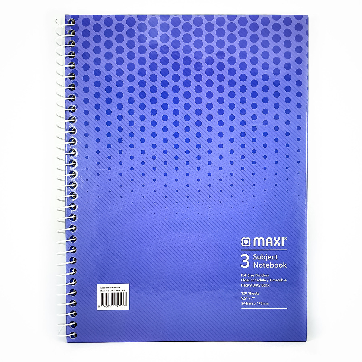 Maxi Spiral Hard Cover 3 Subject Notebook, 9.5 inch X 7  inch, 120 Sheets, Assorted Colours, MX-9-HCSUB3