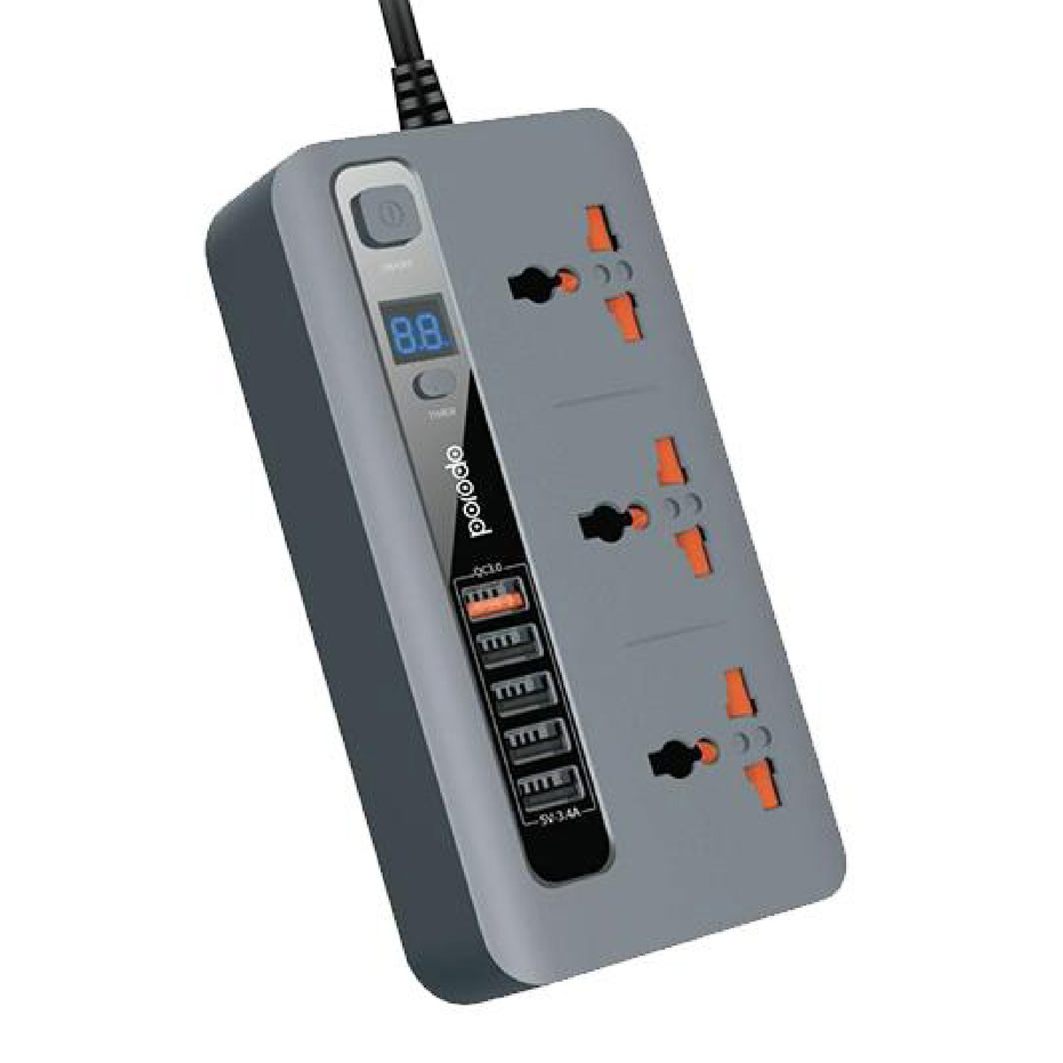 Porodo PD-5P3SQC-GY 3.4A 4 USB Port with 10A 3 Universal Power Sockets - Grey