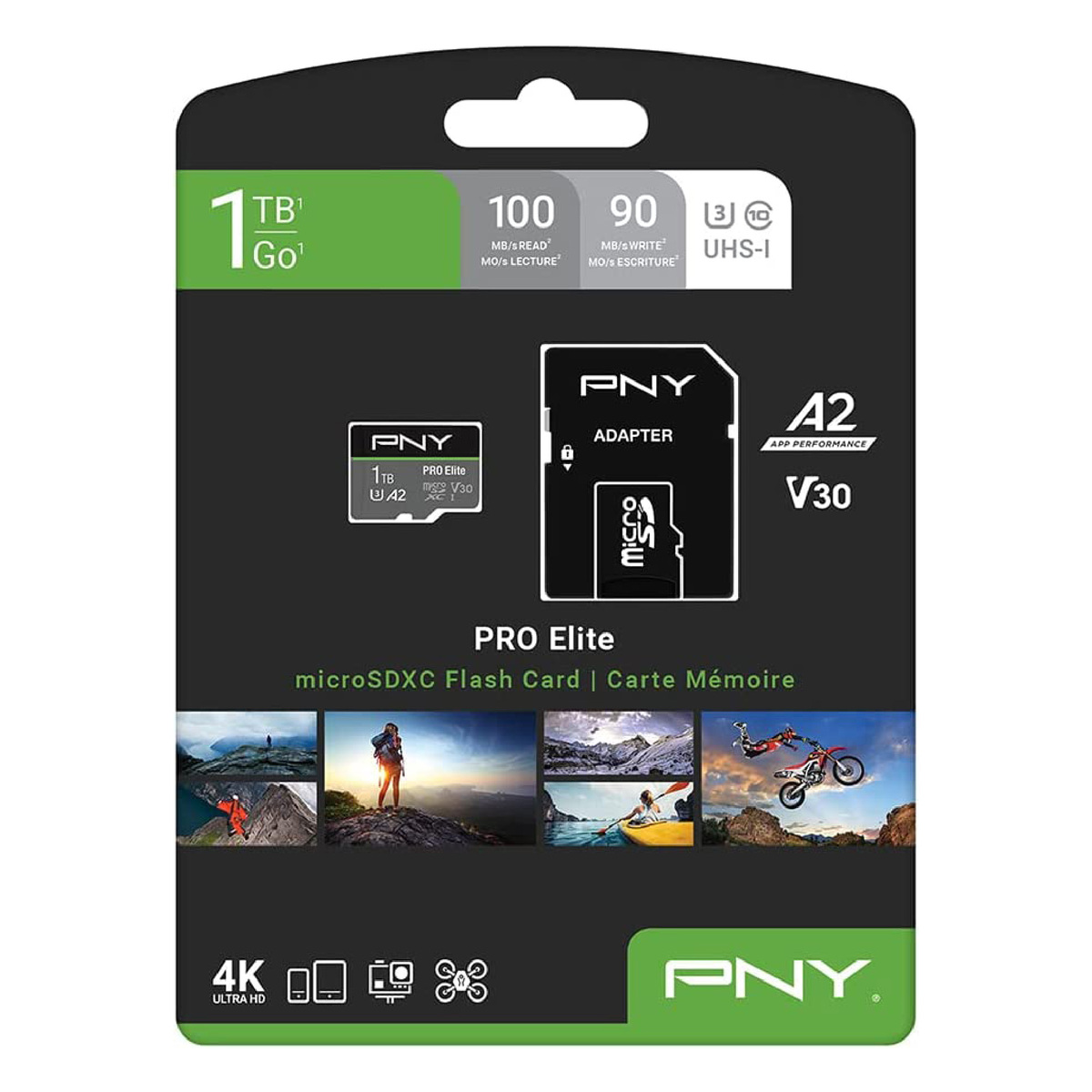 PNY 1TB PRO Elite Class 10 U3 V30 microSDXC Flash Memory Card - 100MB/s, Class 10, U3, V30, A2, 4K UHD, Full HD, UHS-I, micro SD