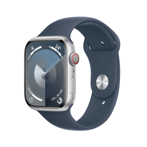 Apple Watch Series 9 GPS + Cellular, Silver Aluminium Case with Storm Blue Sport Band, 45 mm, S/M, MRMG3