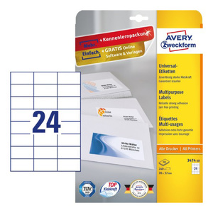 Avery 70 x 37 mm Multipurpose General-Use Labels With Ultragrip, 240 Labels/10 Page, White, 3474-10