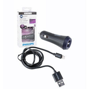 Philips Ultra Fast Dual USB Car Charger with Lightning Cable, 10.5 W, DLP2257V