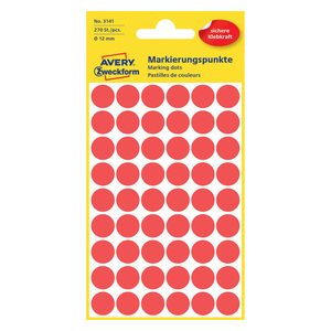 Avery 12 mm Permanent Dot Stickers, 270 Labels/5 Page, Red, 3141