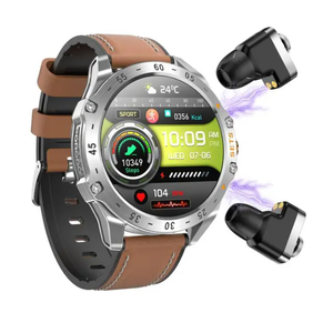 Porodo Hype Smart Watch with Earbuds,Black dial and Brown Leather Band