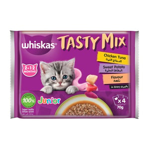 Whiskas Tasty Mix Junior Chicken Tuna & Sweet Potato Flavour In Gravy Wet Food For Kitten 4 x 70 g