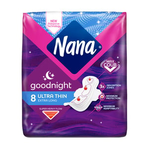 Nana Goodnight Ultra Thin Extra Long Sanitary Pads with Wings For Super Haevy Flow 8 pcs