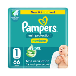 Pampers Rash Protection Taped Diapers, Size 1, 2-5kg, Jumbo Pack, 66 pcs