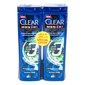 Clear Men Active Cool 3in1 Shampoo, Body Wash & Face Wash 2 x 400 ml