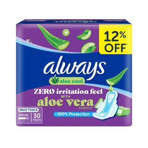 Always Aloe Cool Aloe Vera Essence For Light Days For Zero Irritation Feel Long Maxi Thick Pads Sanitary Pads With Wings Value Pack 30pcs