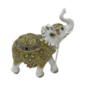 Maple Leaf Elephant Statue, 16.5cm Elephant Figurine Carving Statue White & Gold