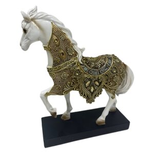 Maple Leaf Horse Statue, 23.5cm Horse Figurine Carving Statue White & Gold